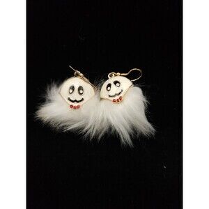 Fun Furry Ghost Pierced Dangle‎ Earrings Halloween Jewelry Gold Tone And White
